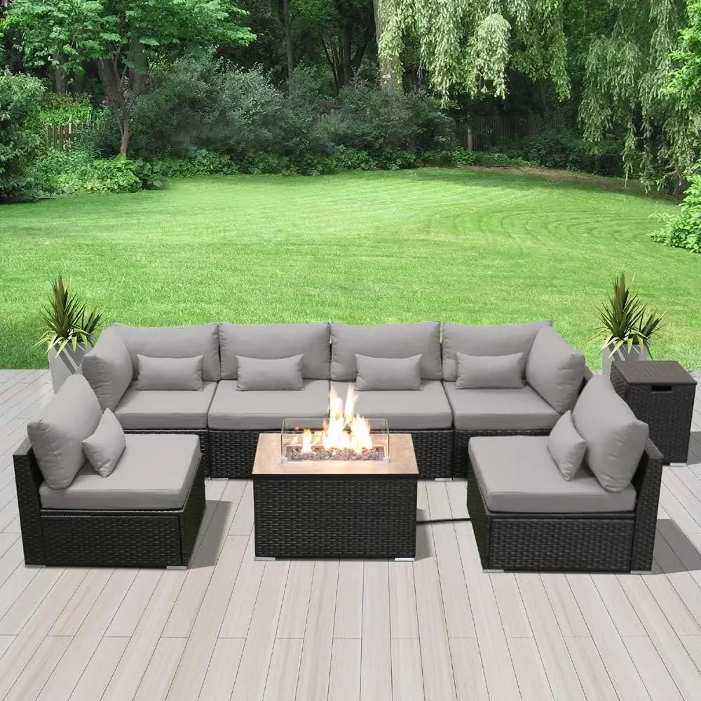 Fire Table Set Sectional Outdoor Furniture Propane Firepit Dark Brown Rattan Outdoor Sofa Set (with a rectangular/square table)