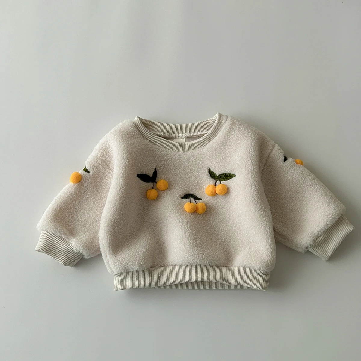 Winter Baby Clothes Fashion Newborn Baby Lamb Wool Tops Fleece Hairball Tops Cherry Embroidery Infant Baby Girl Thick Pullover