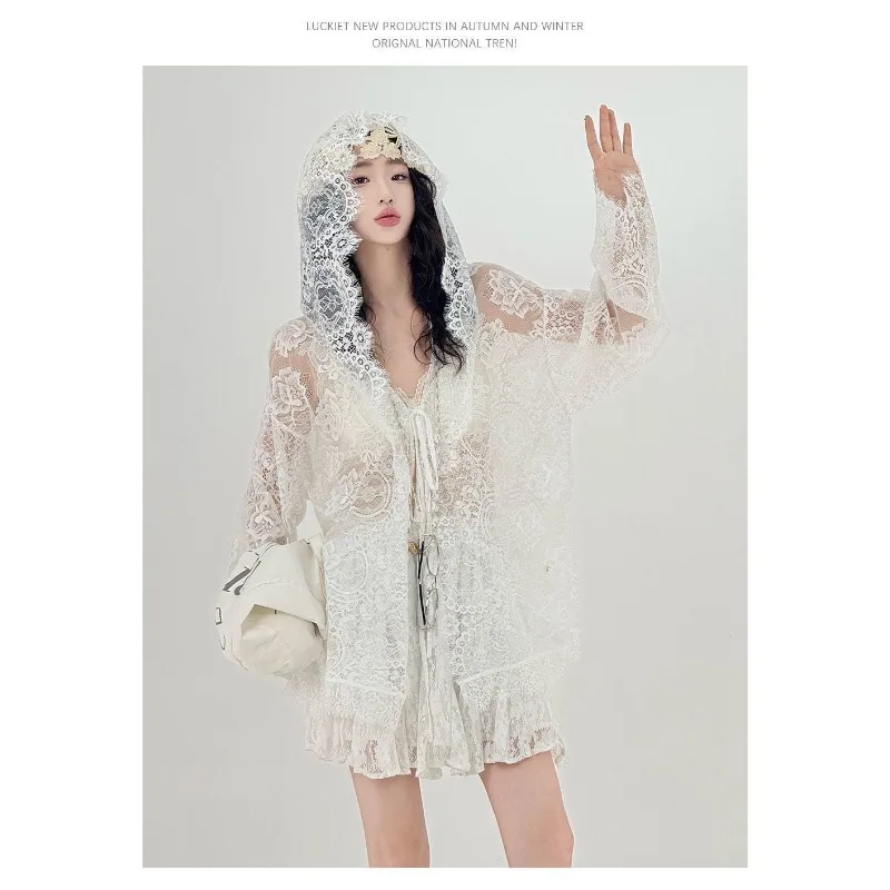 

Блузка-кардиган женская, облегающая, однотонная, с длинными рукавами, легкая, с кружевной отделкой, новая, повседневная, минималистичная, элегантная, роскошная