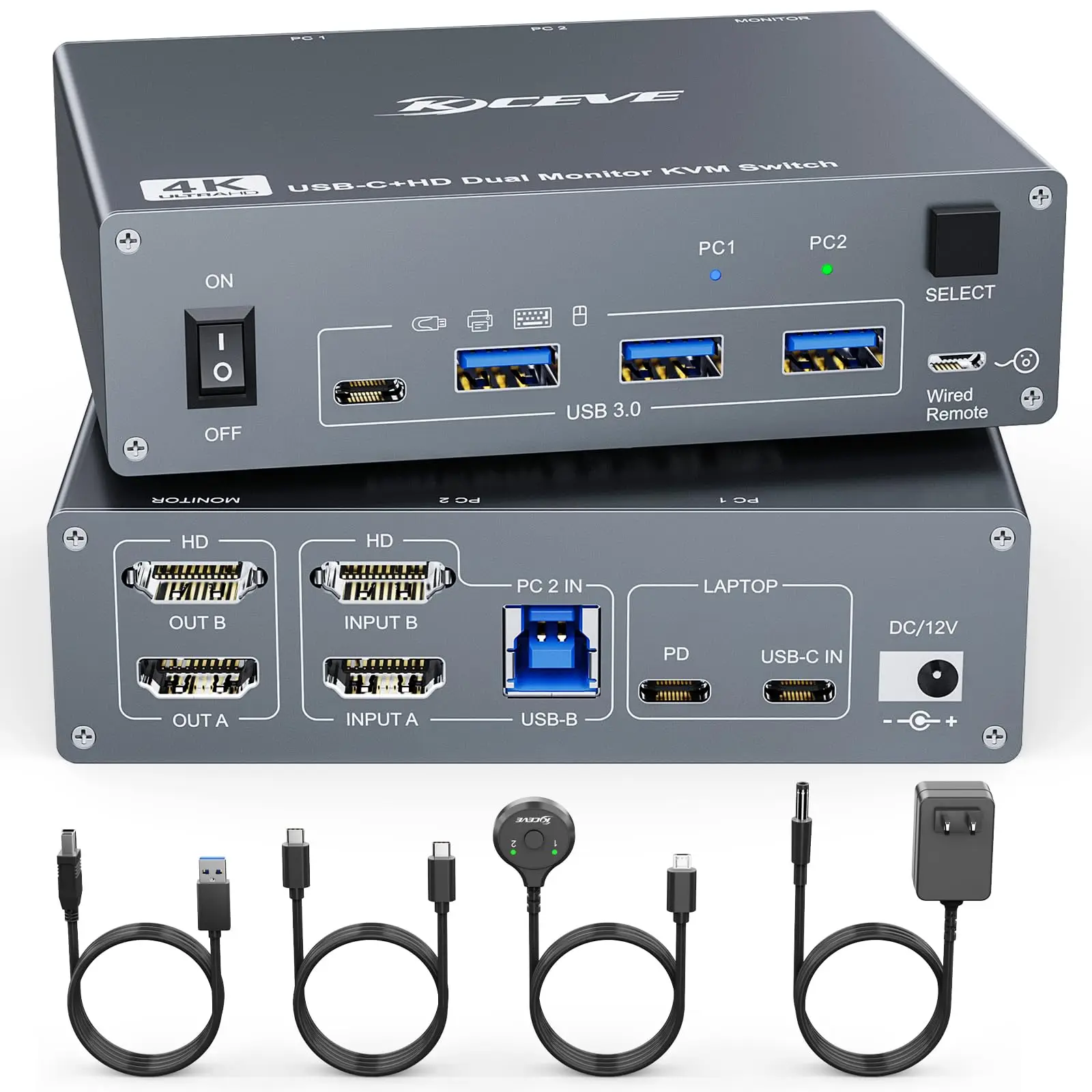 

KVM Switch 2 Monitors 2 Computers USB C HDMI, Dual Monitor USB 3.0 Typc C Supports 4K@60Hz for 2 PC Share Keyboard Mouse Monitor