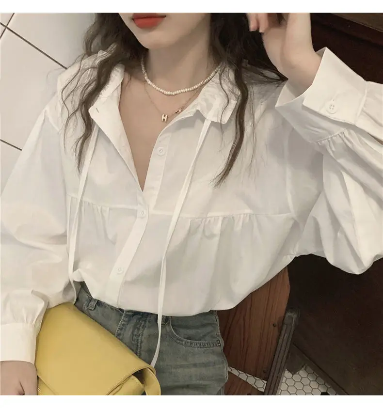 Coréen laçage à manches longues solide bouton Blouse simplicité tout-match mode chemise hauts printemps automne paresseux tendance femmes vêtements