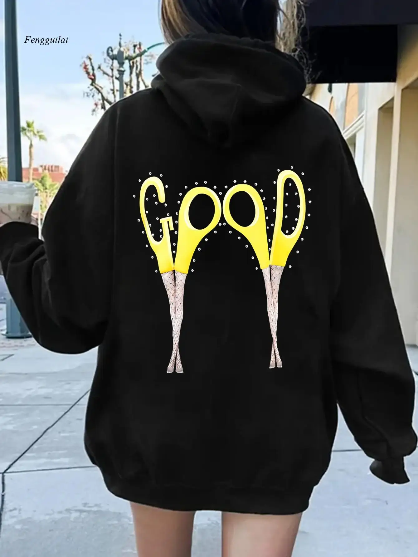 เสื้อสเวตเชิ้ตมีฮู้ดพิมพ์ลายขากรรไกรสุดสร้างสรรค์ เสื้อจั๊มเปอร์แขนยาวลำลองมีกระเป๋า ยืดได้เล็กน้อย