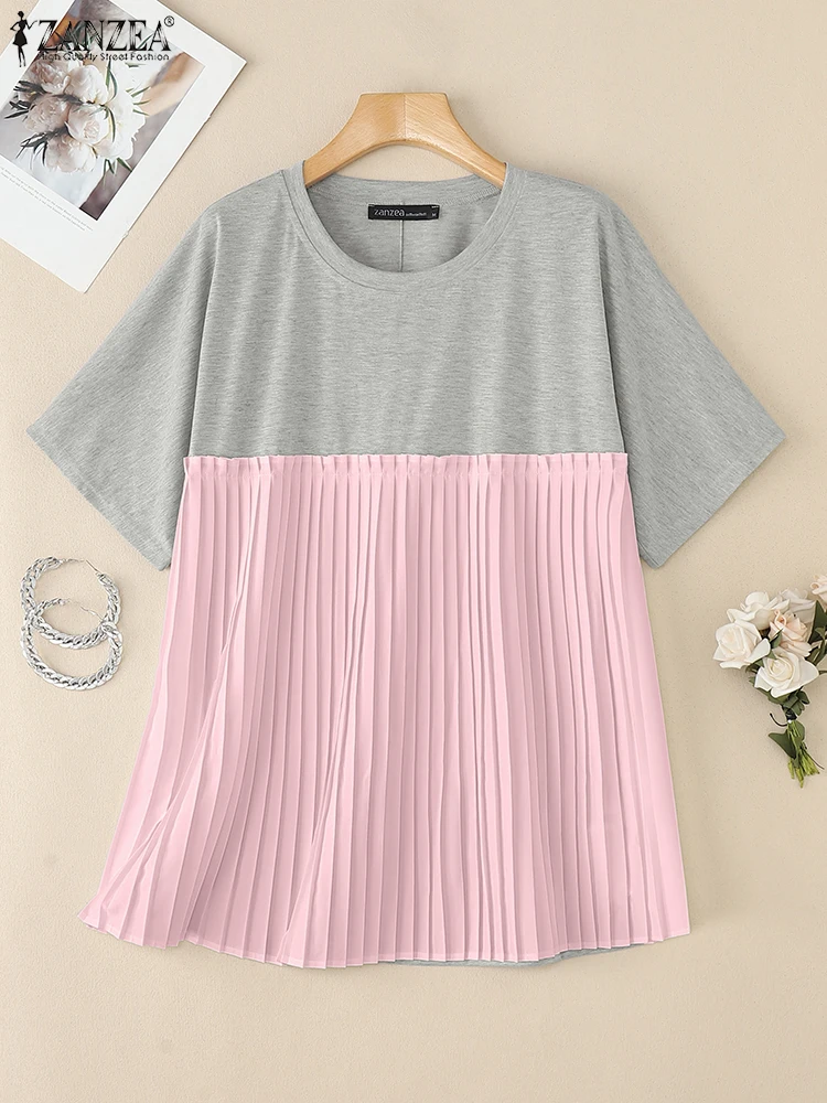 

ZANZEA Women Summer T-Shirts 2025 Fashion Chiffon Tees Color Patchwork Pleated Casual Tunic Tops Elegant Oversized Shirts Tee
