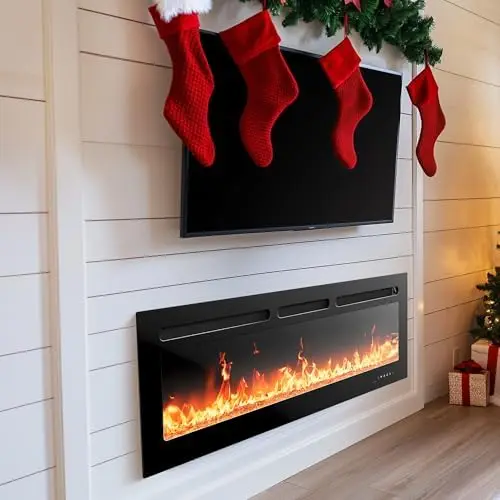 

Электрический камин Silonn 50 дюймов - 5300 BTU, Wi-Fi, 20 цветов пламени, таймер, настенный монтаж