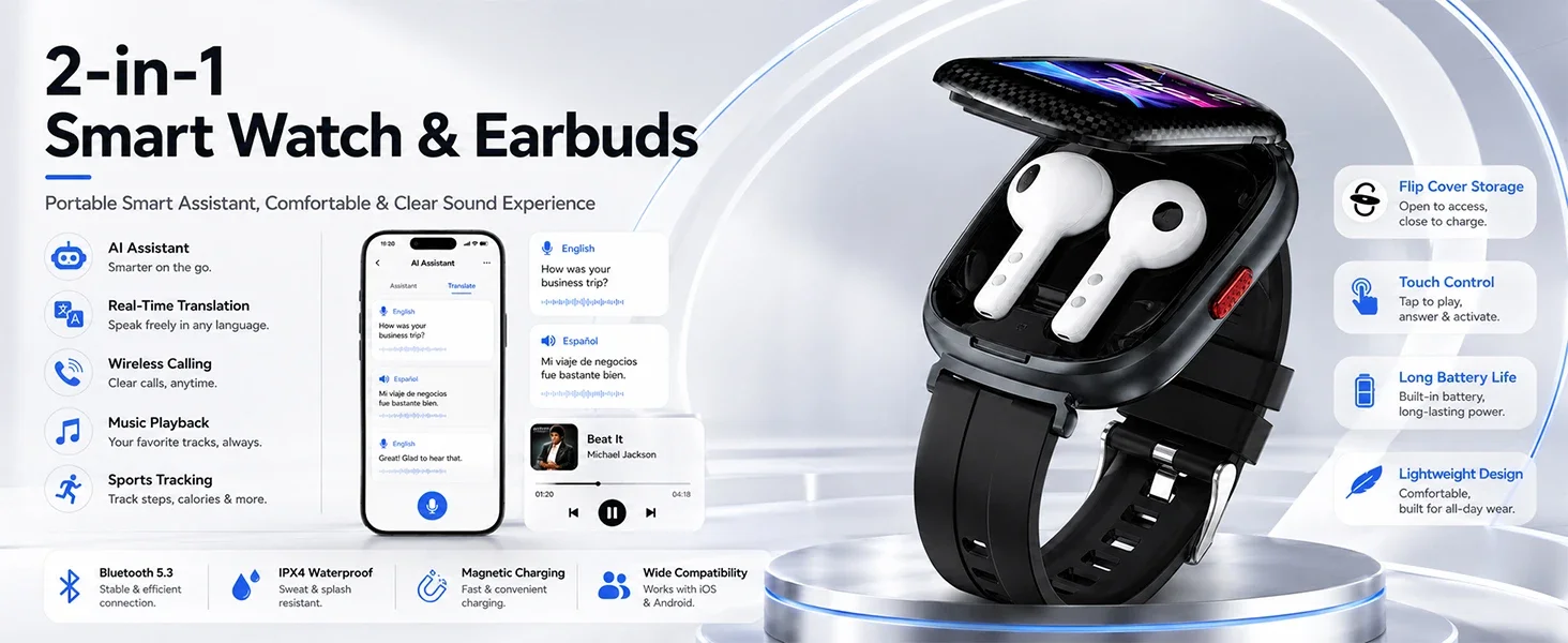 Smart Watch with Built-In Wireless Earbuds, HD Stereo Sound and Bluetooth Calling description 1