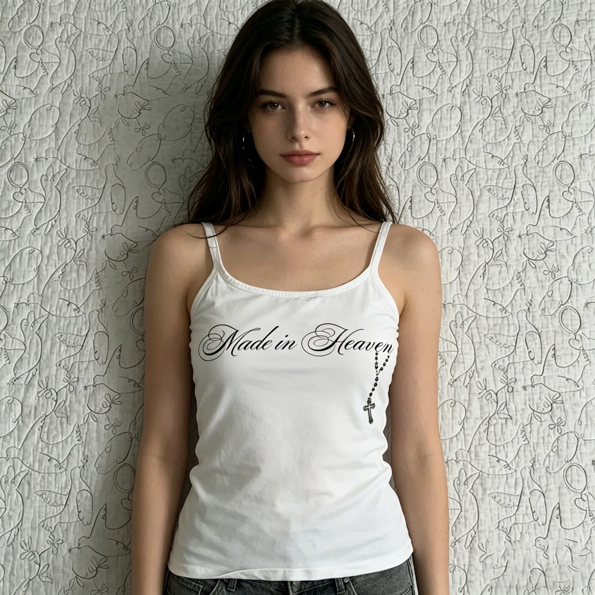 Vintage Made Cross Rosary Printed Slim Fit Spaghetti Strap Women Casual Sleeveless White Streetwear Basic Camisole Tank Top Y2K