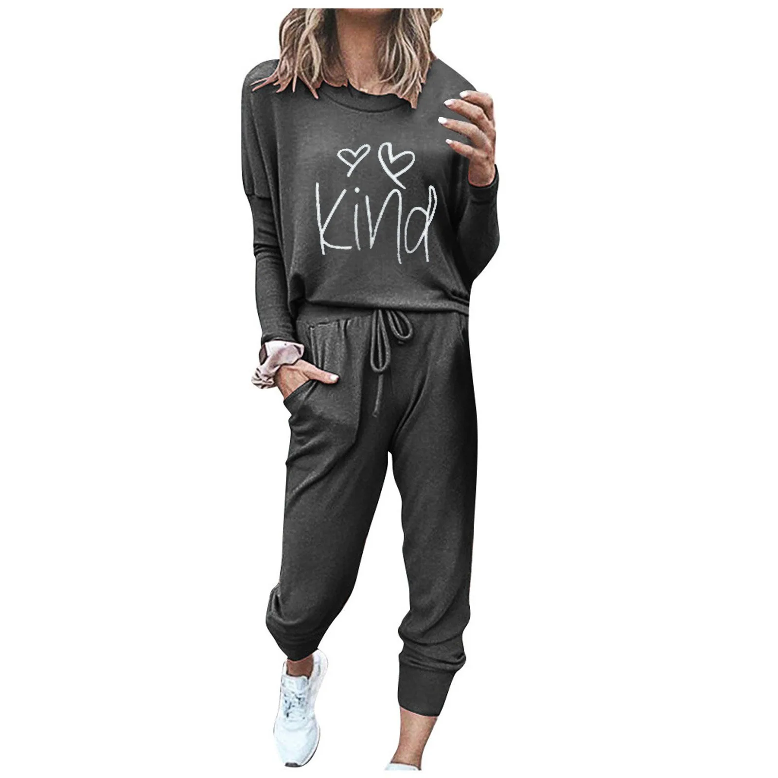 Solid Color Pullover Sets Loose Drawstring Pants Women Sweatsuits O-Neck Bandage Fashion Long Sleeve Women Suits Tracksuit Mujer