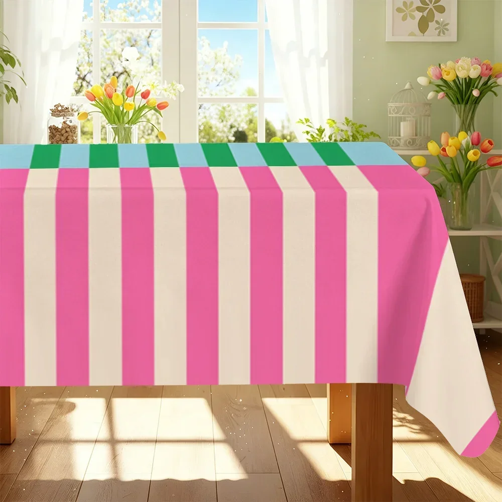 2D flat party tablecloth, 1 piece - Green, Blue and Pink three-color striped rectangular tableclothyzb