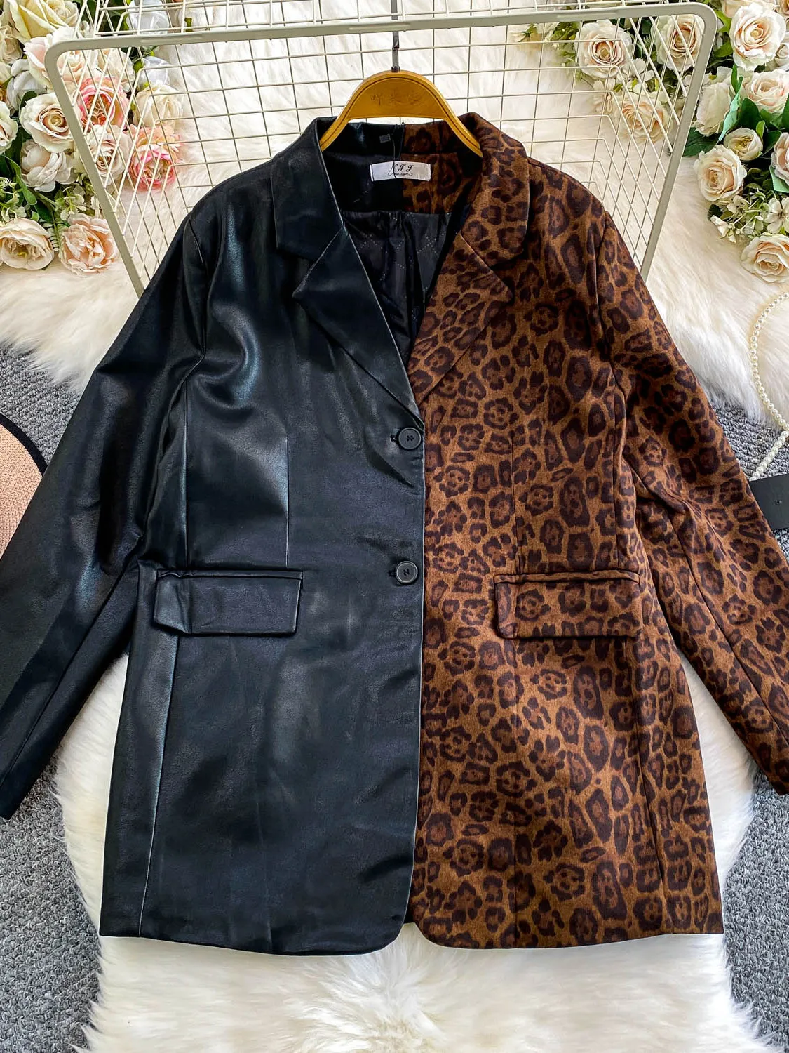 Sli imprimé léopard Patchwork cuir Jaet femmes hiver minceur Vintage taille-collant Faionable vêtements d'extérieur