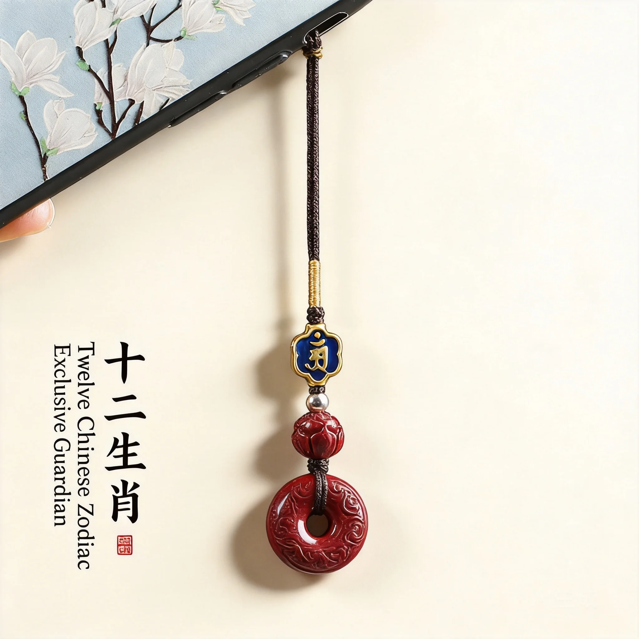 Chinese Style Cinnabar Peace Buckle Pendant Twelve Zodiac Patron Saint Lucky Amulet Phone Lanyard Keychain Charm For Men Women