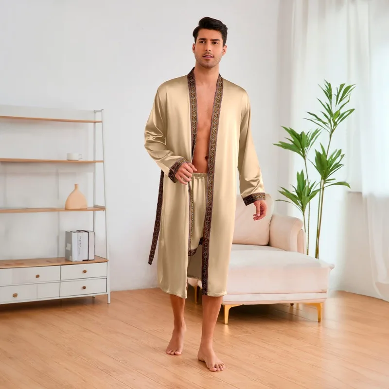 

Мужской пижамный комплект из ледяного шелка — халат и шорты в китайском стиле (дышащая домашняя одежда # ТЗ22332)