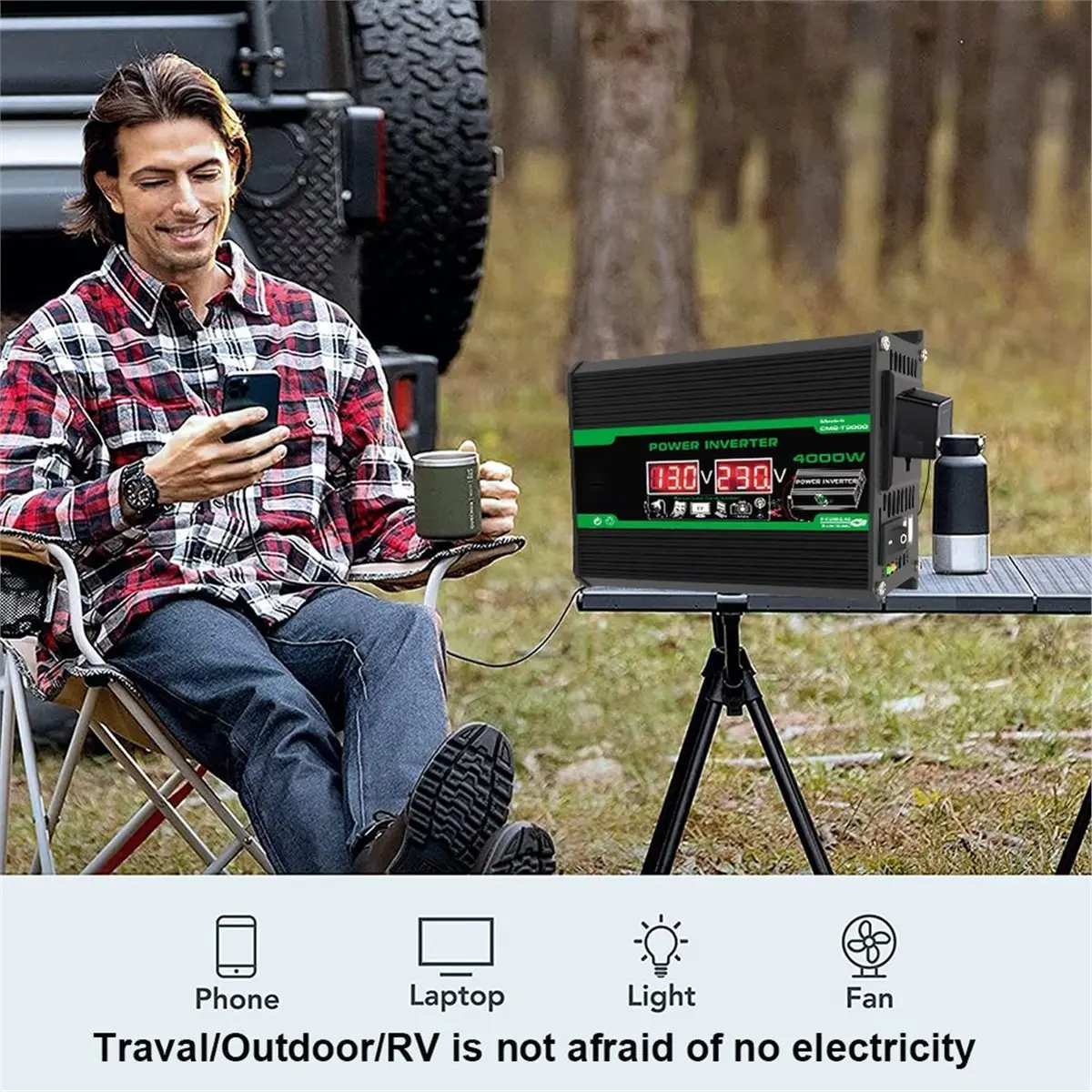 (A99Z] Inverter 4000W Portable Power Bank DC 12V to AC 220V Dual USB LCD Display Car Converter for Camping RV Universal Plug