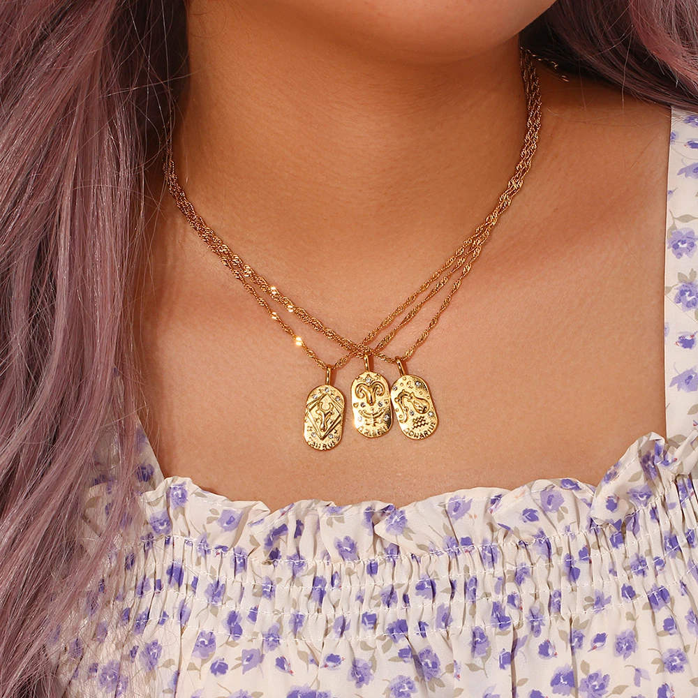 2022 New Style Zircon Zodiac Geometric Pendant Necklace 18K Gold Plated Waterproof Meaningful Necklaces for Women Daily Jewelry