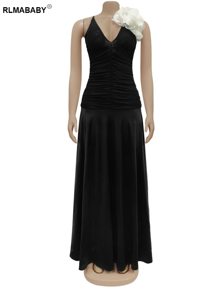 RLMABABY Abito lungo aderente da donna con applicazioni di fiori sexy con scollo a V e cinturino per spaghetti senza maniche, senza schienale, maxi abito da festa per club