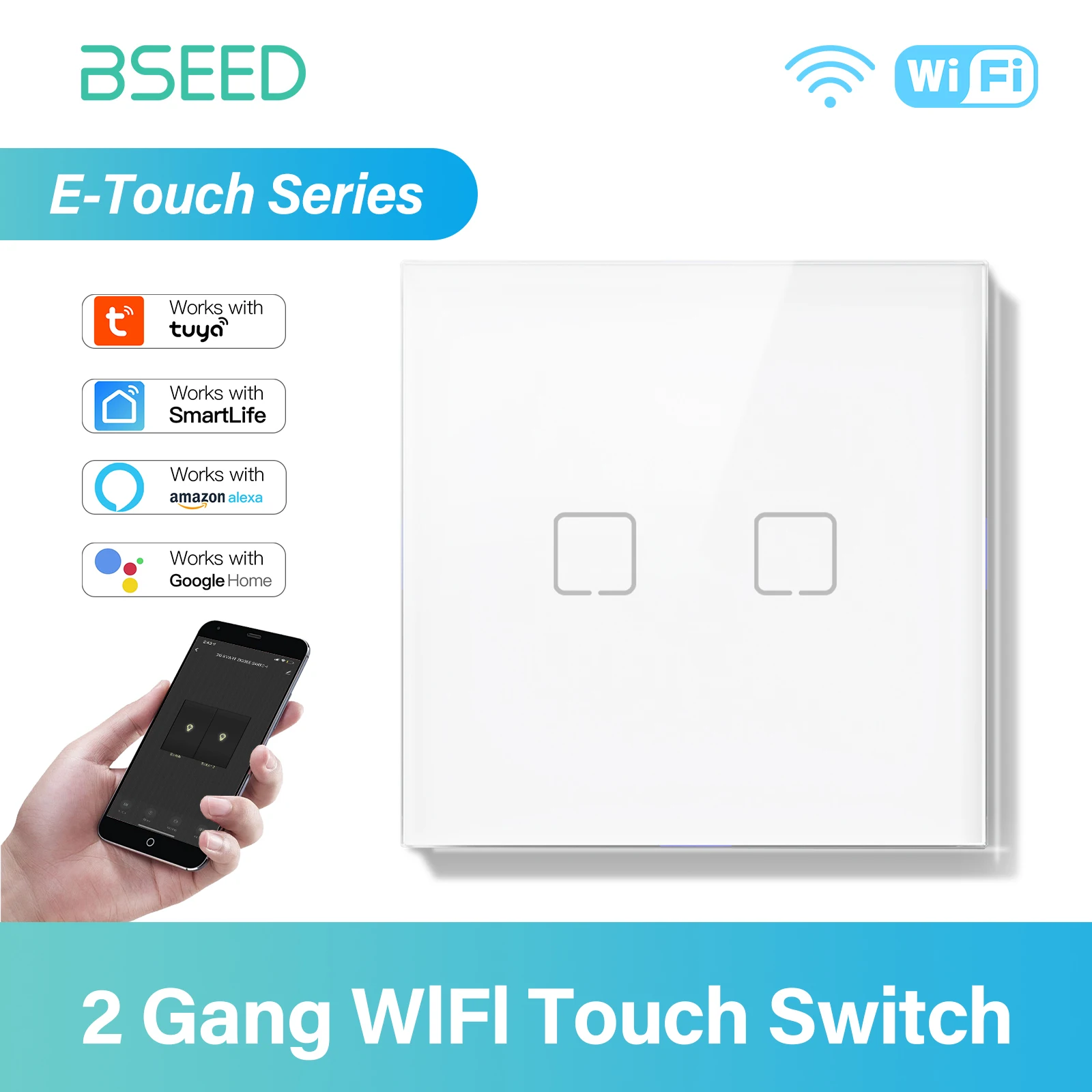 BSEED E-Serie 2-fach 1/2/3-Wege WLAN-Touch-Schalter Wandschalter für Treppen Tuya Smart Life Alexa App-Steuerung Gelbe Hintergrundbeleuchtung 10A Weiß 2/3/5/8/10er Pack