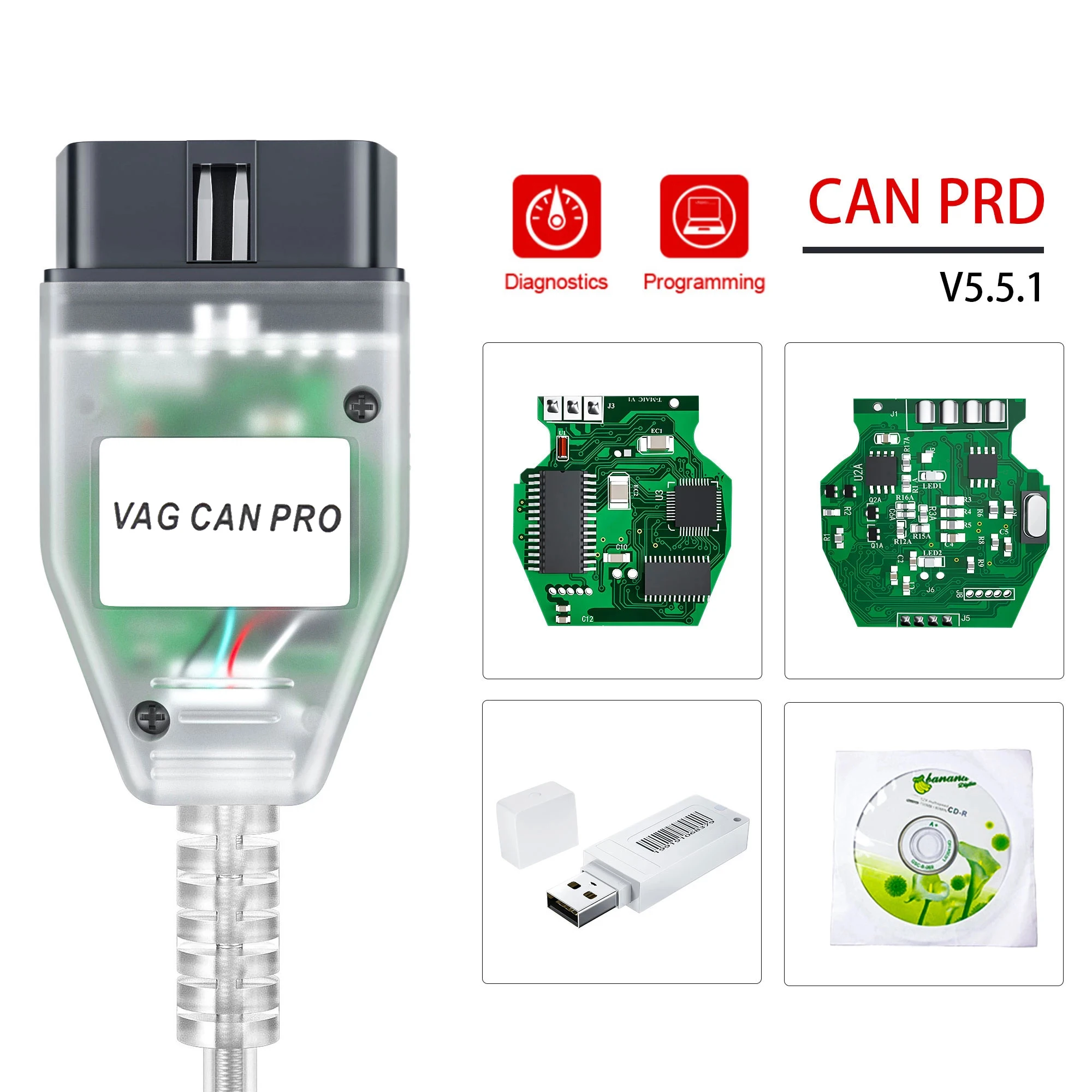 VAG CAN PRO 2020 V5.5.1 With Dongle with FTDI FT245RL Chip VCP OBD2 Diagnostic Interface USB Cable Support Can Bus UDS K Line