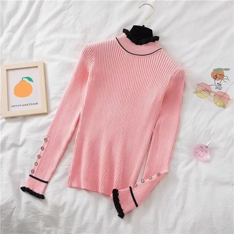 Screw Thread Contrast Color Half High Collar Button Long Sleeve Pullover Sweater Knitted Women\'s Clothing Autumn Winter Tops