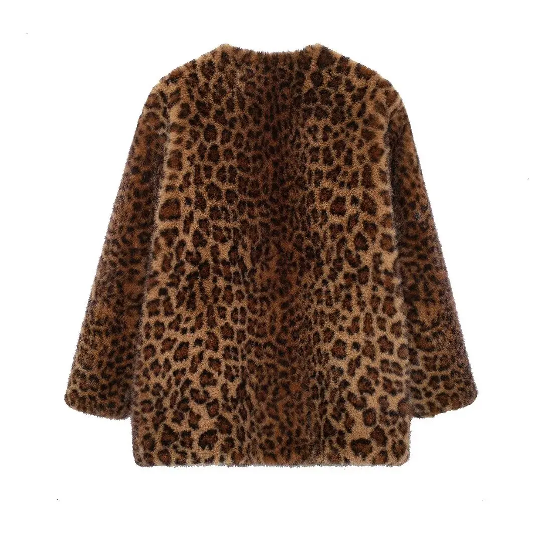 Taop & za2024 feminino outono/inverno novo casaco de pelúcia efeito pele artificial lapela socialite temperamento leopardo cardigan