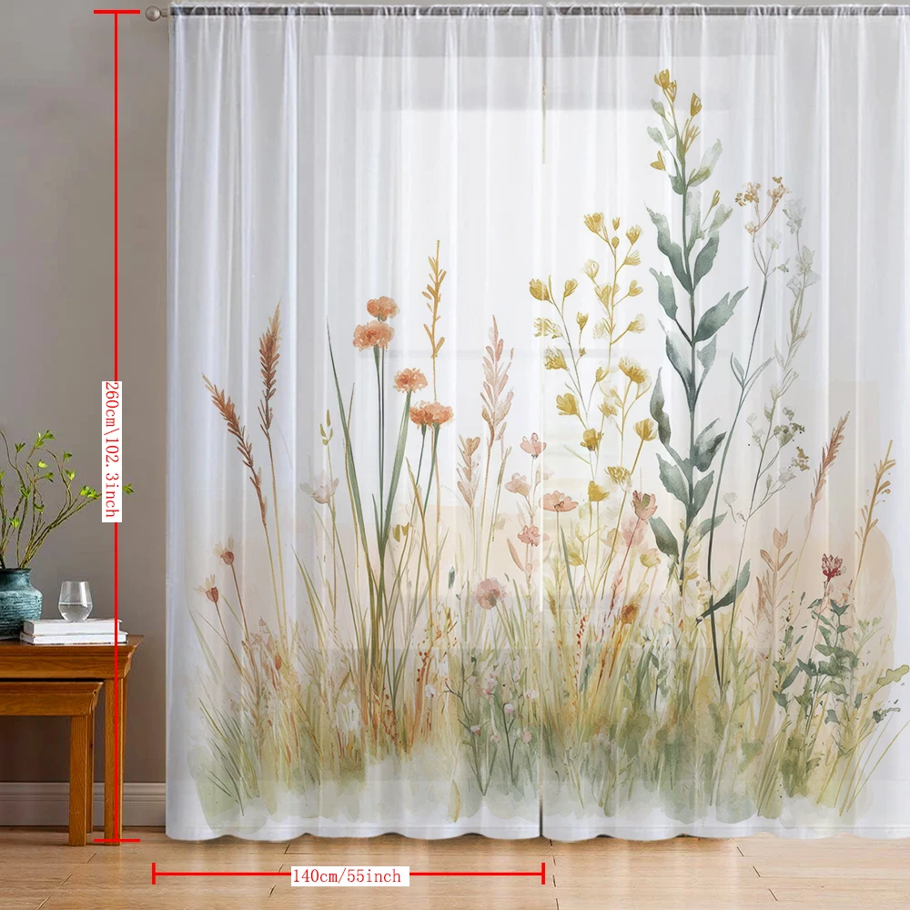 2PCS Home decoration light yellow floral printed window screens with pole bags, suitable for living rooms