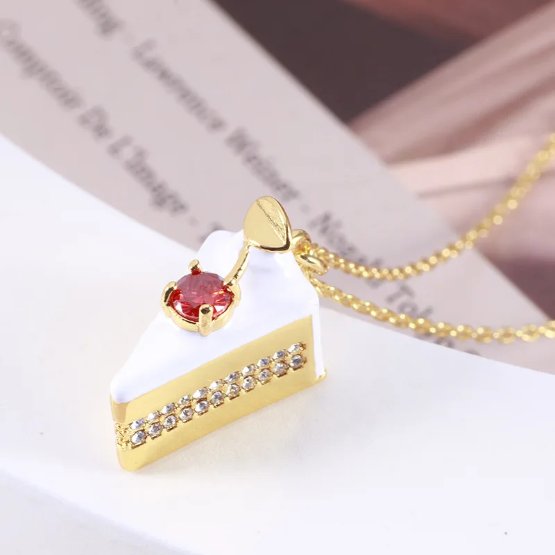 

Fashion Hand-painted Enamel Glaze Lovely Sweet Cherry Triangle Mousse Cake Pendant Cubic Zircon Necklace Collarbone Chain Women