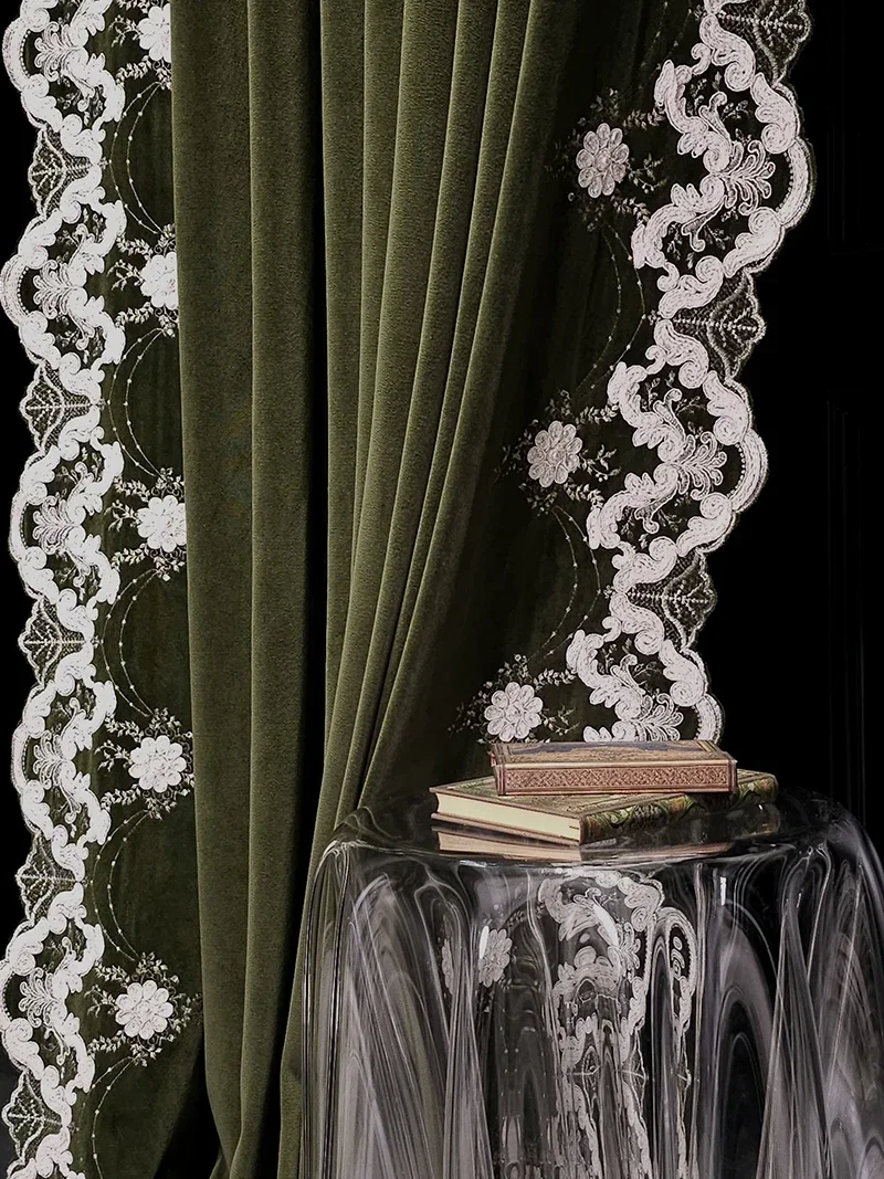 Customized Olive Green Lace Embroidery Thickened Flannelette Curtains For Living Room Bedroom French Window Balcony Villa