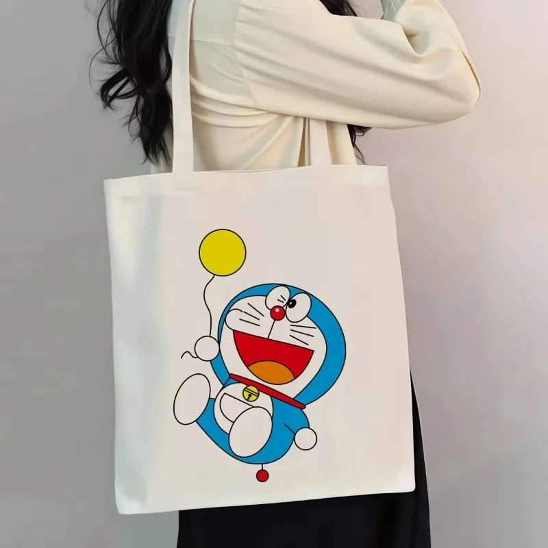 Bolsa de Ombro de Lona Feminina com Estampa de Anime Doraemon, Bolsa Reutilizável, Dobrável, Ecológica, Bolsa de Compras, Bolsa de Mão, Presente