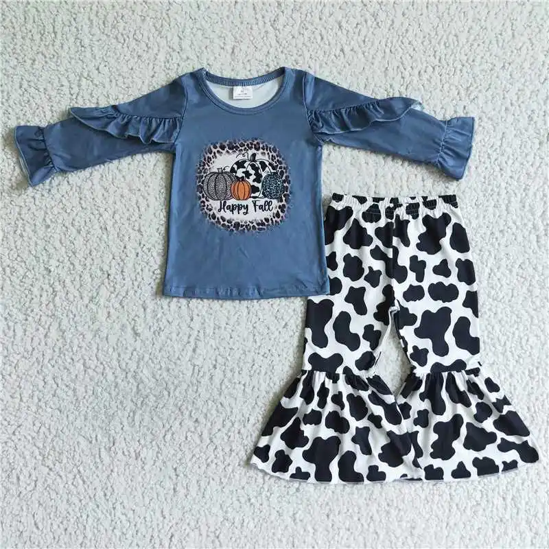 

2022 Baby Western Girls Halloween RTS Blue Pumpkin Long Sleeve Shirt Leopard Print Pants Girls Suit Hot Selling Fashion For Kids