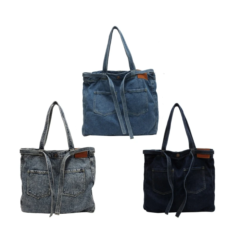 Vintage Letter Embroidered Denims Handbag for Ladies Double Pocket Front Jeans Large Shoulder Bag for Work or Shopping