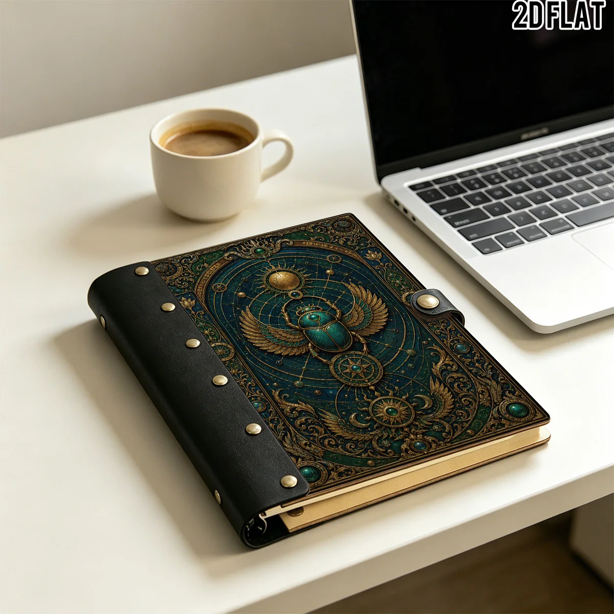 1PC 2DFlat Wooden Notebook, Hardcover Winged Scarab Ancient Egyptian Celestial Frame Print, 100 Pages With Leather Rivet Craft D