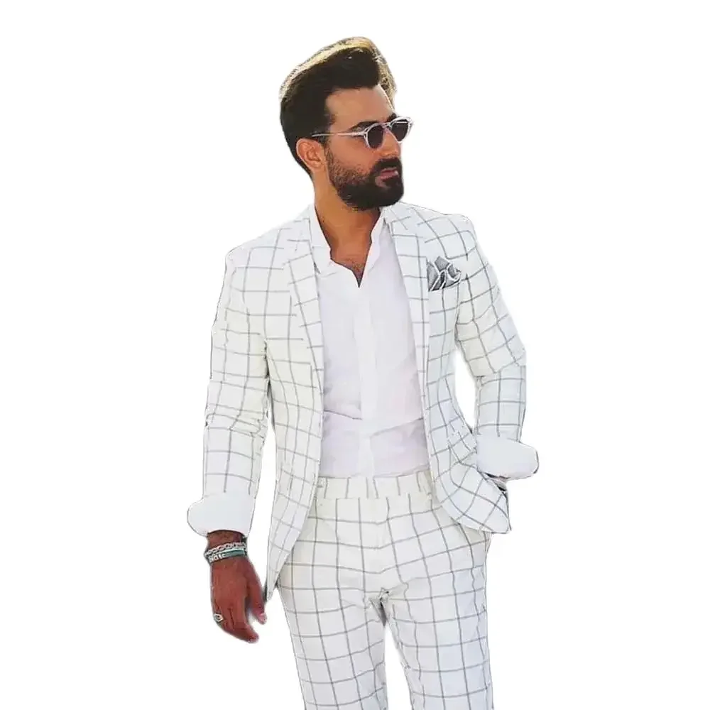 White Plaid Suits for Men Classic Formal Notch Lapel Business Casual 2 Piece Prom Wedding Groom Tuxedo Male Suit Slim Fit 2023