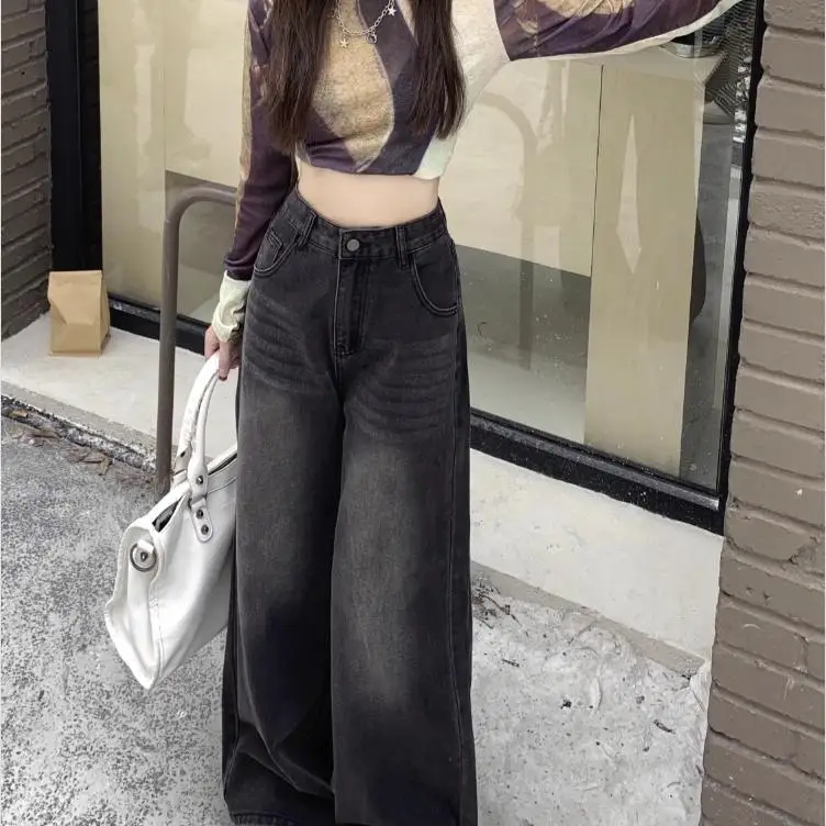 하이웨이스트 청바지 데님 팬츠 하이웨이스트 블랙 와이드 레그 와이드 레그 블랙 그레이 워싱 청바지 데님 팬츠 청바지