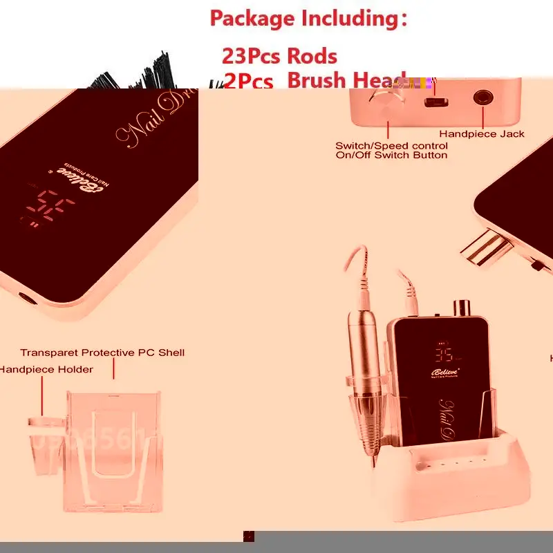 Professional Nail Drill 80W Low Noise 35kRPM Handpiece Rechargeable Nail Efile TP322 Salon Brushless Nail Polisher