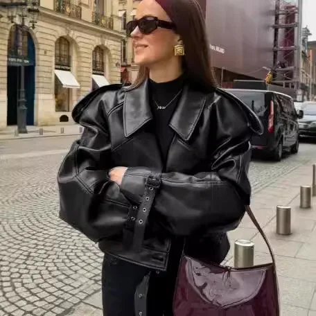 

Women's Faux Leather Short Fashion Jacket Lapel Belted Longsleeve Zippered Retro Slimfit CoatEco-friendly Streetstyle Bomber Top