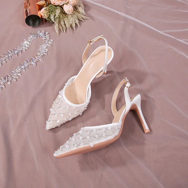 

French Wedding Shoes Women's Stiletto Sandals Pointed Mesh Sequined High Heels Banquet Bridesmaid Shoes Women's Shoes