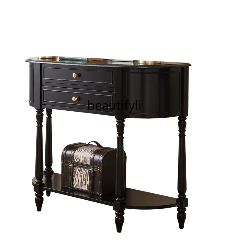 

French all solid wood semicircular entrance cabinet retro entrance table cabinet living room against the wall modern