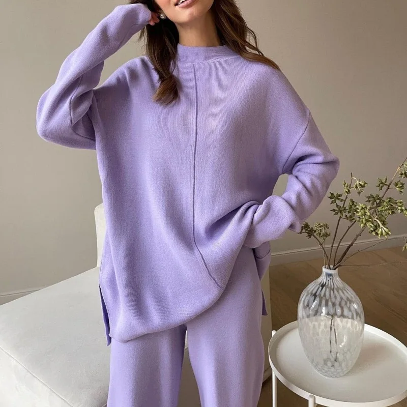 Knitted 2 Piece Turtleneck Sweater Wide Leg Pants Sleepwear Set Women Autumn Winter Long Sleeve Pullovers Trousers Home Suit New