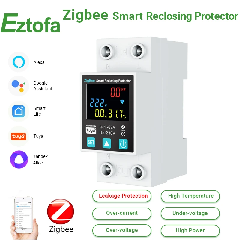 SmartLife TUYA ZigBee 2P/63A Circuit breaker Earth Leakage Over Under Voltage Protection Protector Relay Switch Energy kWh Meter