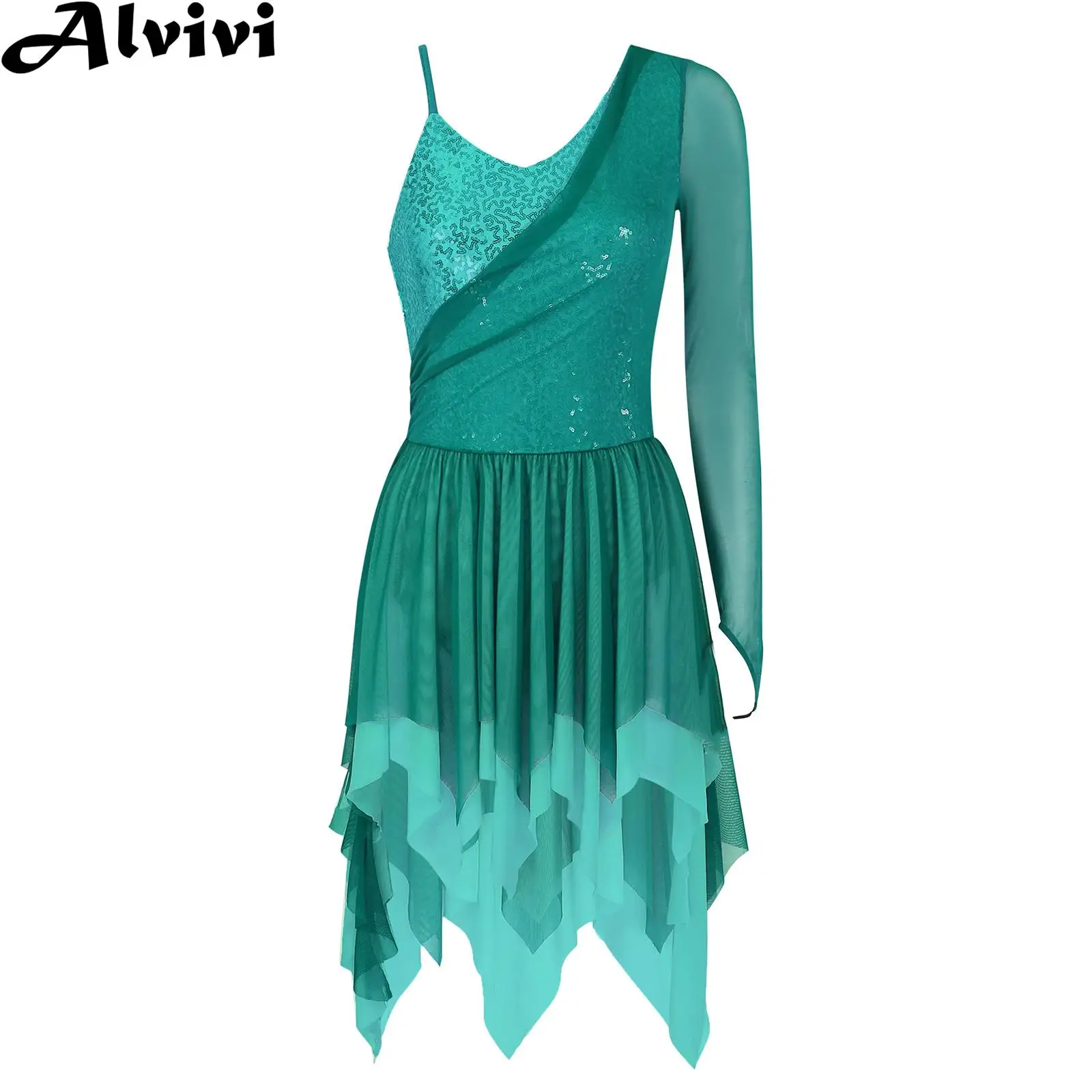 Cho Nữ Một Trong Vai Tay Dài Trữ Tình Nhảy Đầm Dancewear Sáng Bóng Đầm Vạc Không Đối Xứng Hiện Đại Váy Múa Leotard Tutu