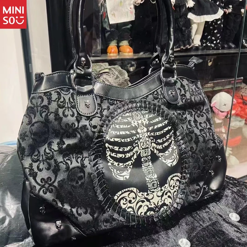 Miniso Gothic Lolita Skeleton Print Bag, Vintage Lace Flocking Crossbody, Dark Punk Shoulder Purse