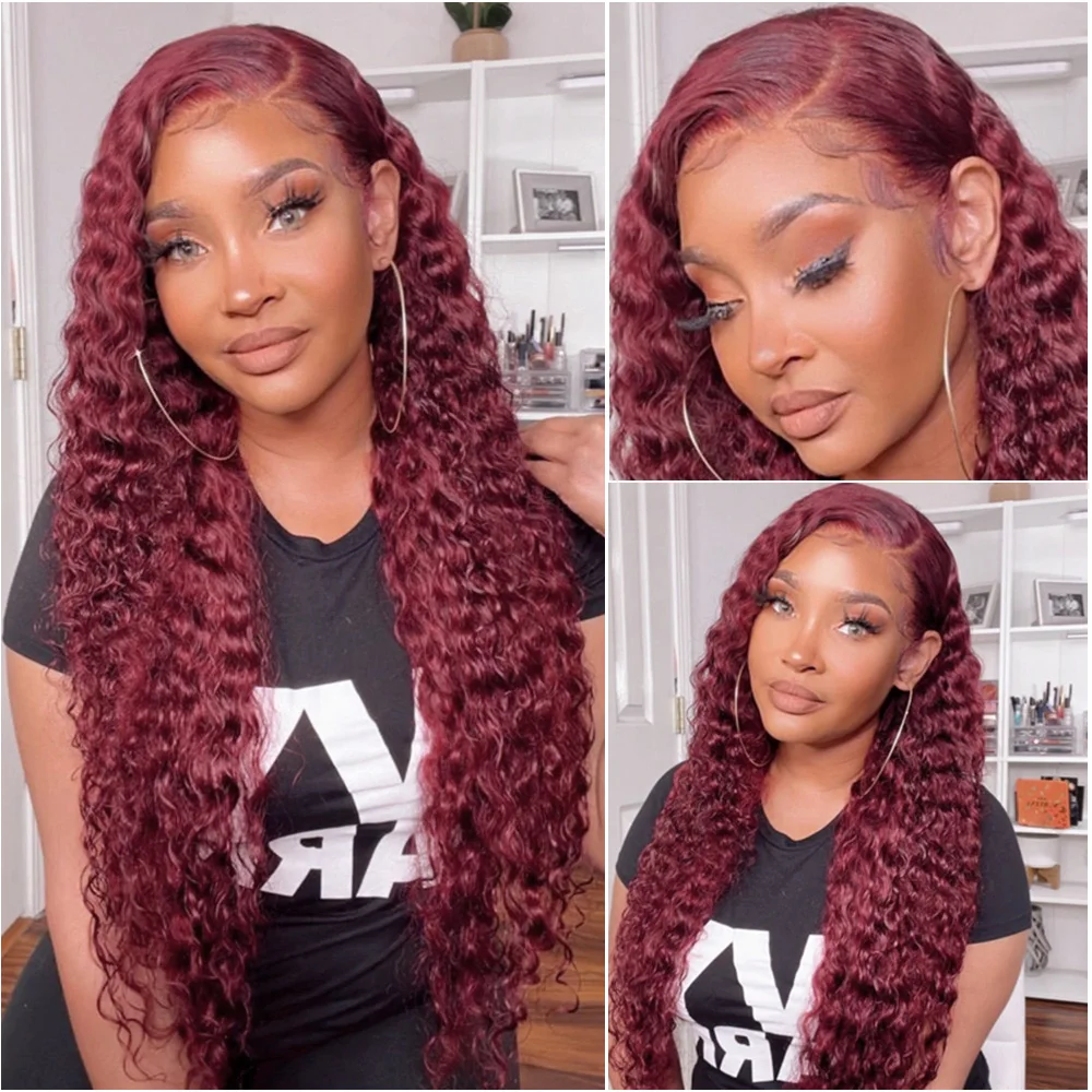 

Парик из натуральных волос 99J Burgundy, 220% плотность, 13x4 Deep Wave, HD Lace Front, 30-40 дюймов, 13x6 прозрачный кружевной фронтальный парик для женщин