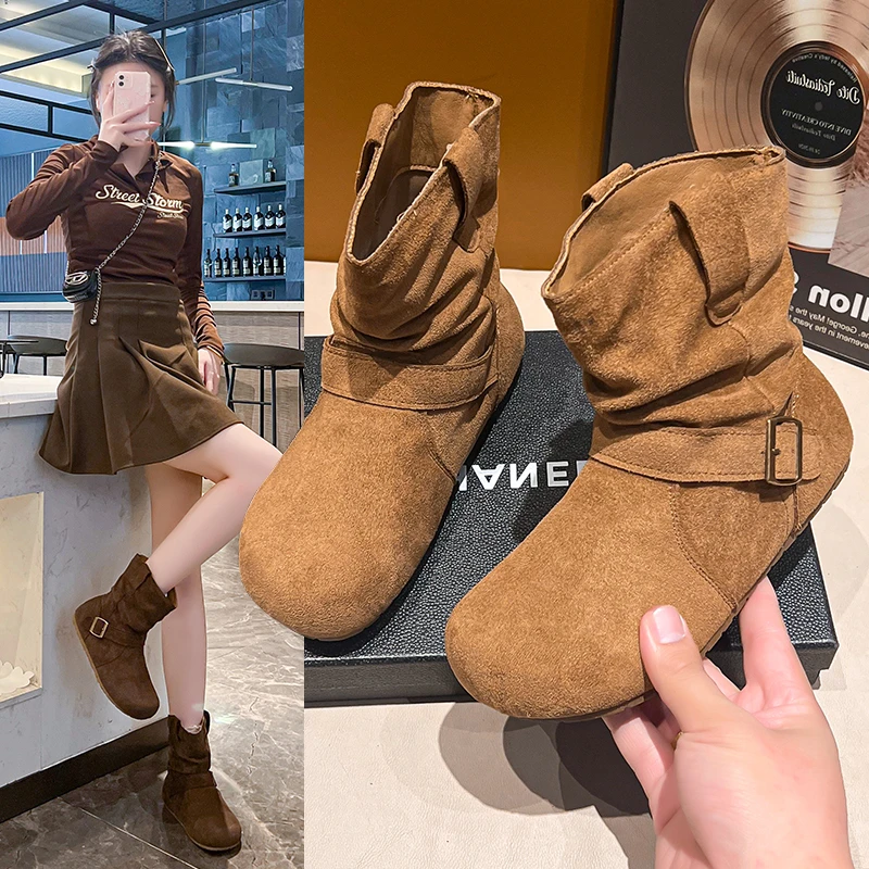 

Fall Winter New Women's Retro Slouch Boots - Soft Sole Trendy Slimming Slip-On Round Toe Fashion Ankle Boots