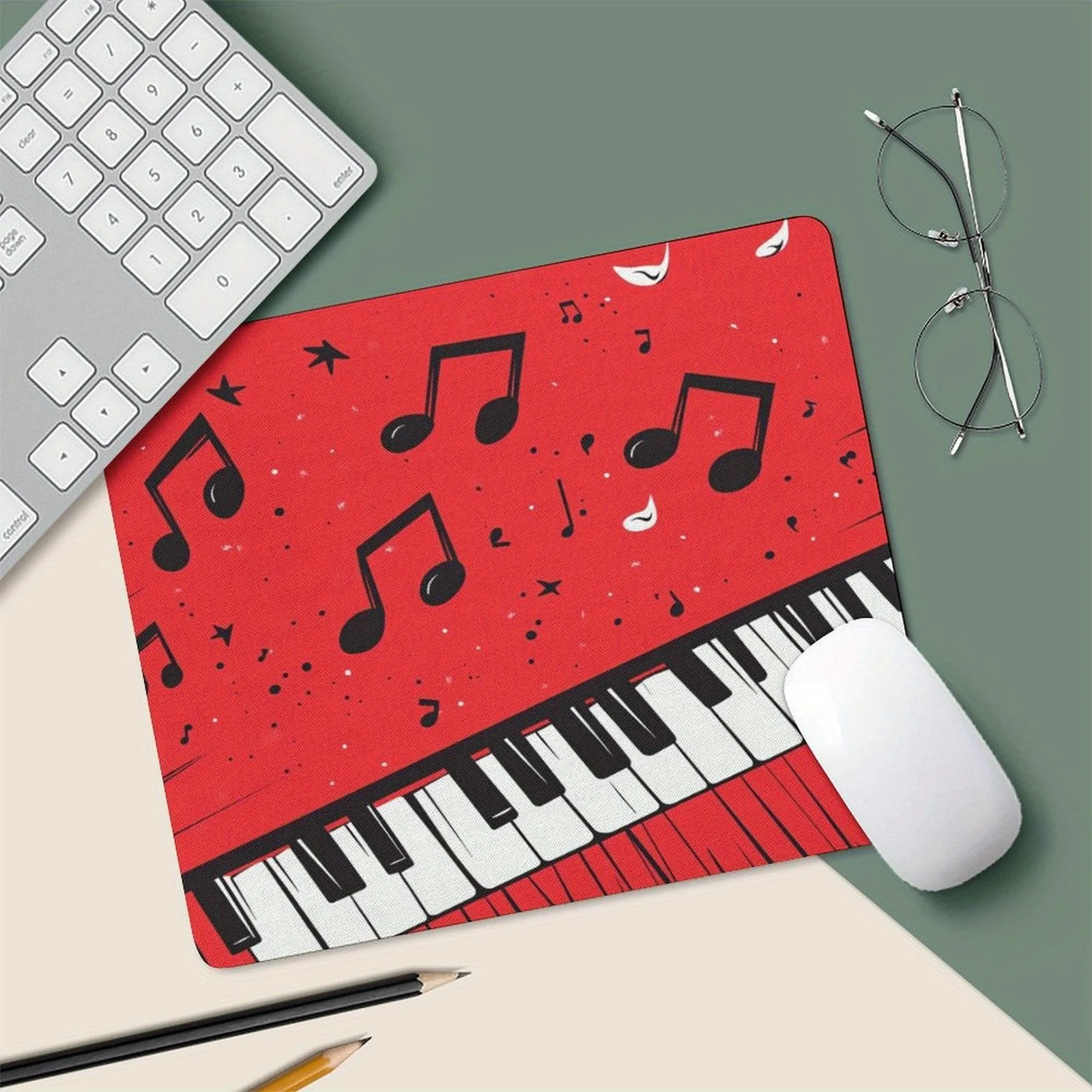 

Piano and note design mouse pad, anti-slip small desktop pad with red starry sky background, fashionable office game accessories