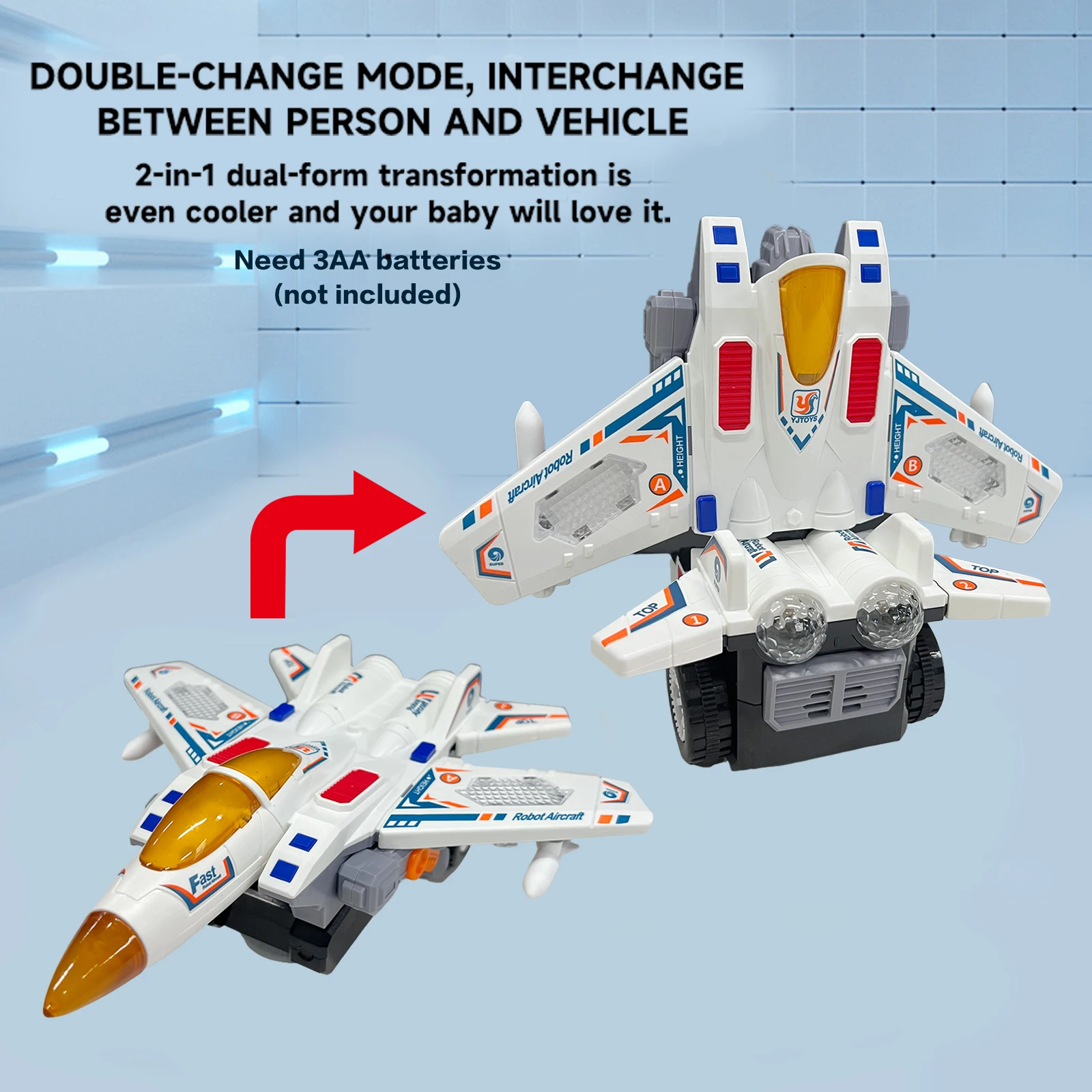 男の子の電動おもちゃ戦闘機変形ロボット、自動変形、カラフルな音と光、赤ちゃんへのホリデーギフト