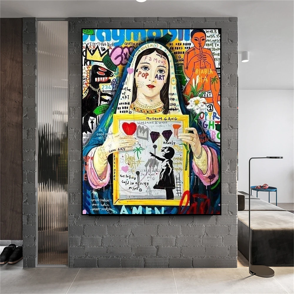 

Virgin Mary Poster Graffiti Art Cartoon Canvas Painting Banksy Style Surreal Wall Art Prints Home Living Room Decoration