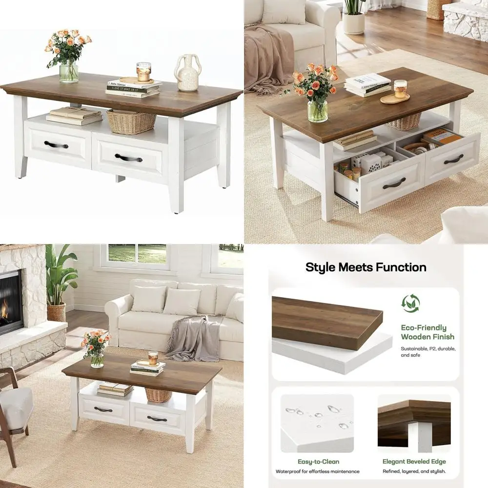 

Rustic 39.4 Farmhouse Coffee Table with Storage, 2 Drawers & Open Shelf, Brown & White