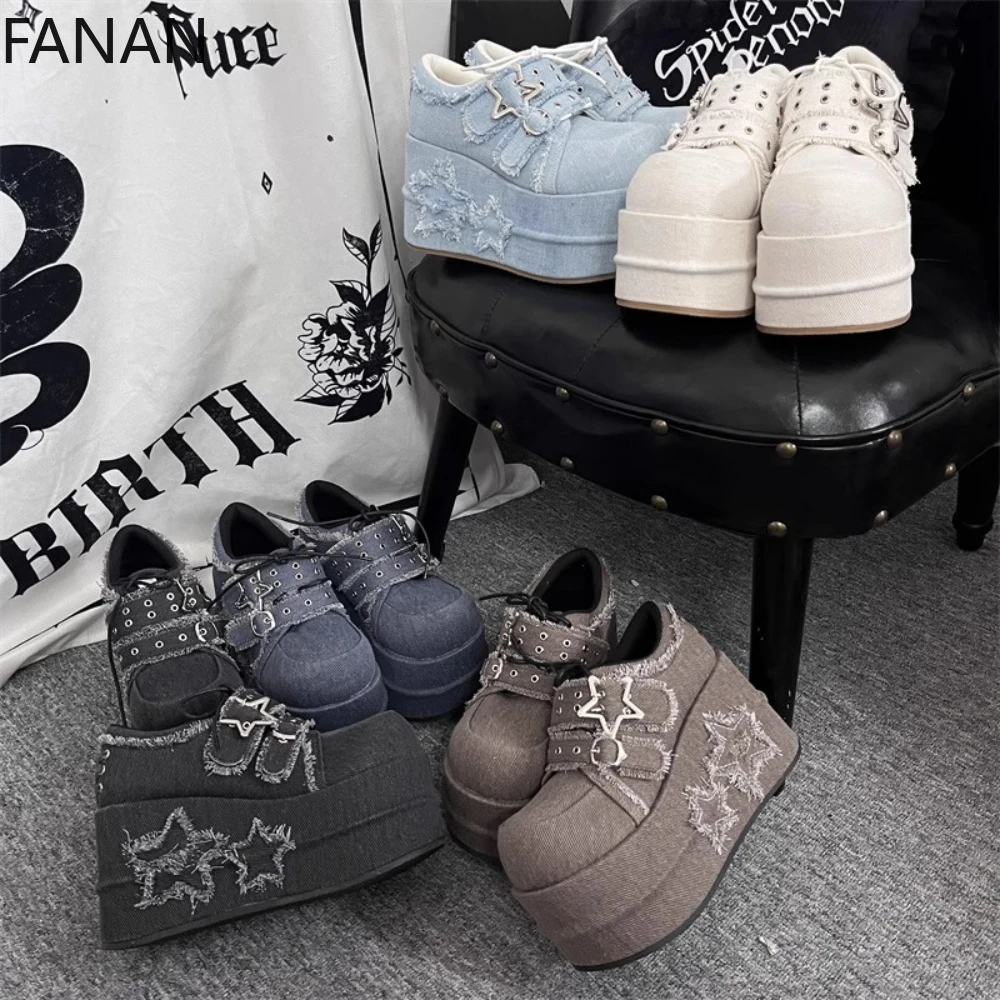 

Original Platform High Heel Pumps Star Denim Subculture Inner Height Lacing Women's Shoes Fashion Tassel Design Single Shoes