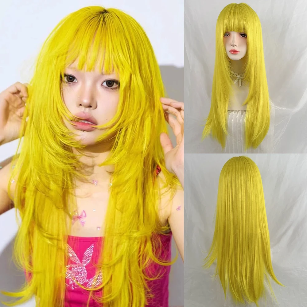 Lemon Yellow Long Straight Synthetic Layered Wig with Bangs Lolita Cosplay Women Fluffy Wig for Daily Party