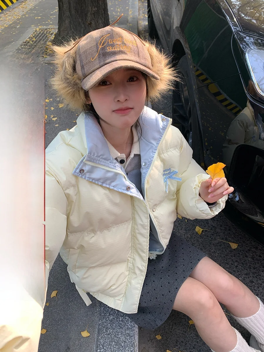 

Sinbounboun Sweet Sle Knot Stand Collar Thiened Cotton Jaet Women's ort Bread Sle Coat Winter New Arrival