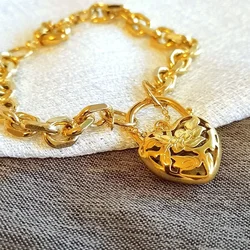 18k Gold Plated 7mm Chain Width Heart Belcher padlock womens solid bracelet jewllery