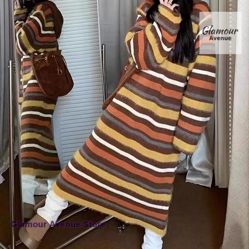 Korean contrast striped sweater hooded dress women's autumn and winter Korean straight loose long sweater skirt sweater top